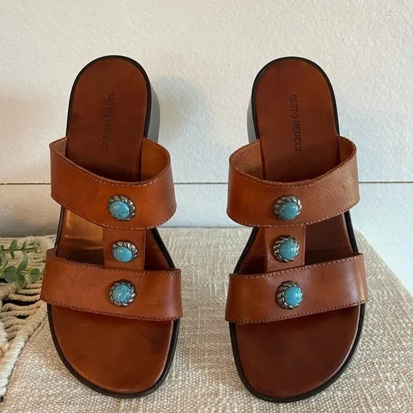 Sesto Meucci Brown Sandals With Turquoise Jewels Size 9 - Picture 1 of 4